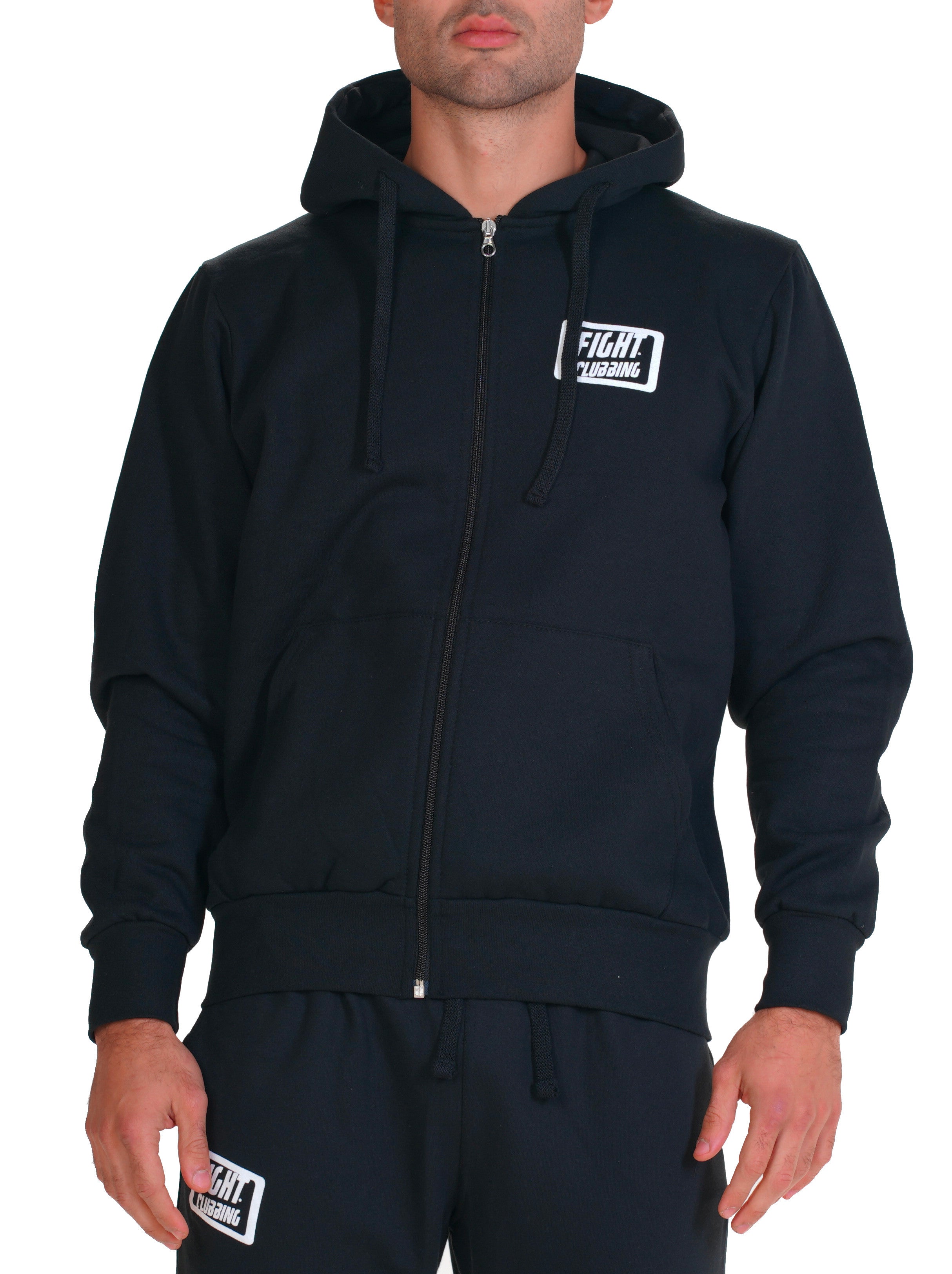 Felpa Basic Con Zip E Cappuccio Nero Logo Piccolo