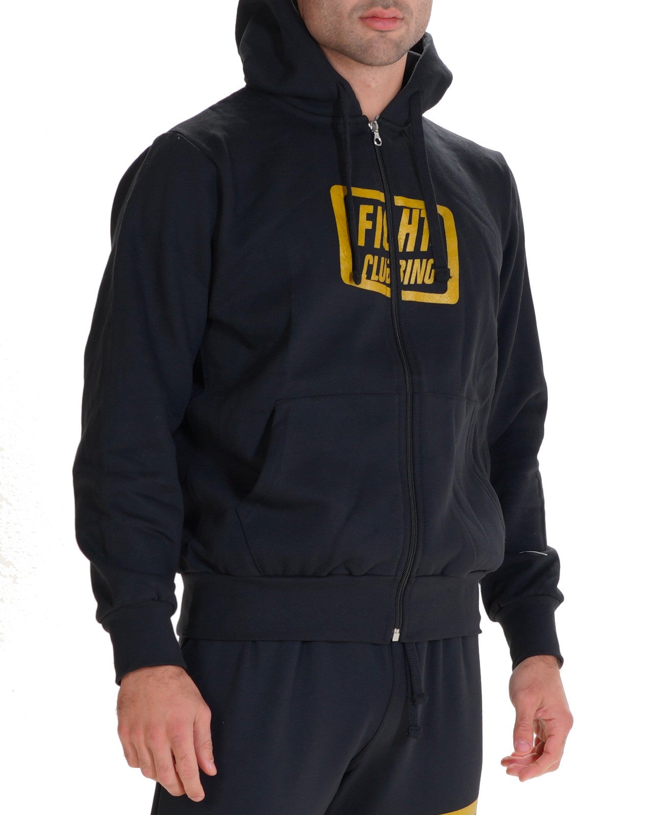Felpa Basic Con Zip E Cappuccio Nero Logo Oro