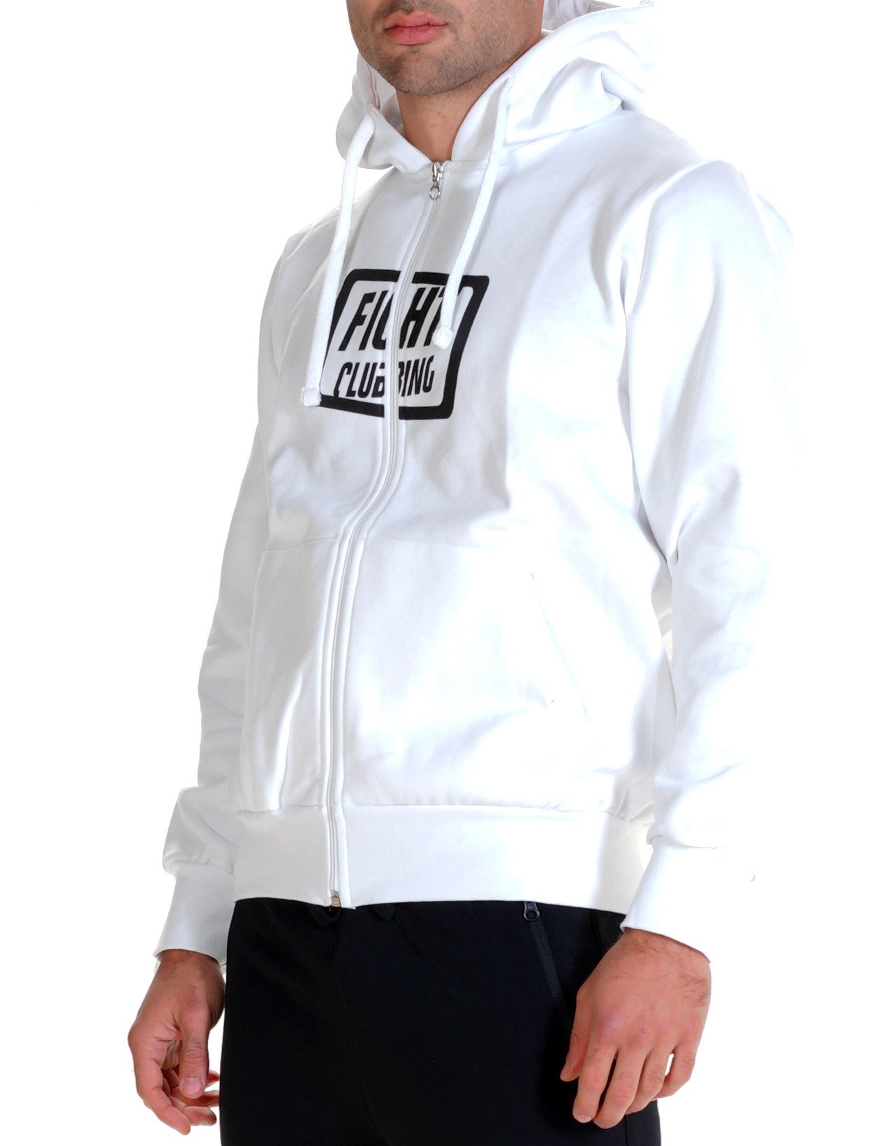 Felpa Basic Con Zip E Cappuccio Bianco