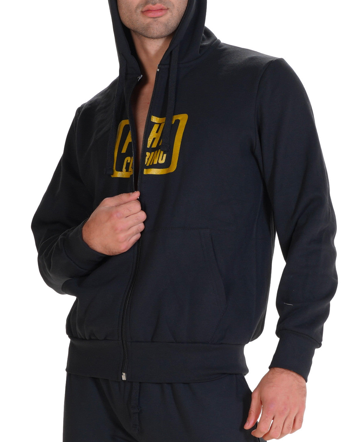 Felpa Basic Con Zip E Cappuccio Nero Logo Oro