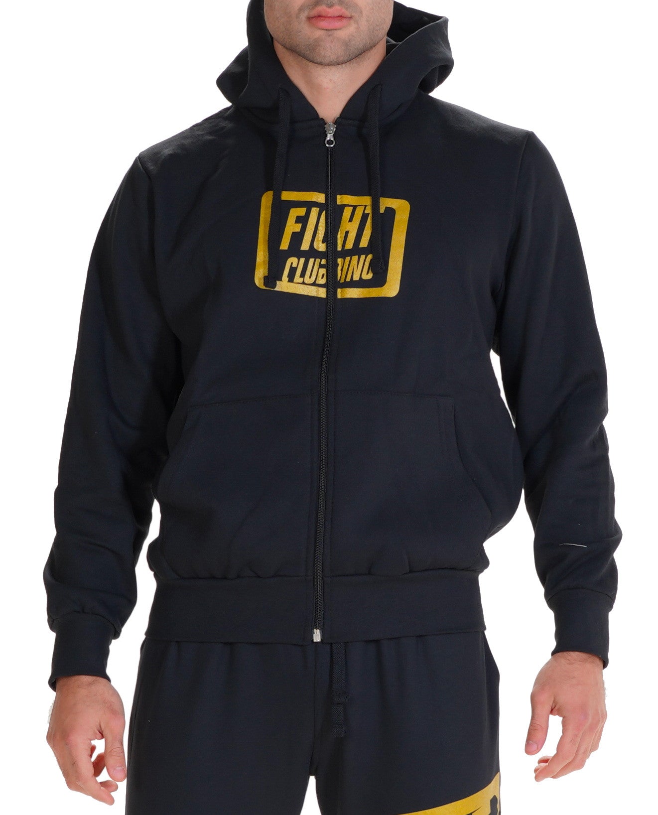 Felpa Basic Con Zip E Cappuccio Nero Logo Oro